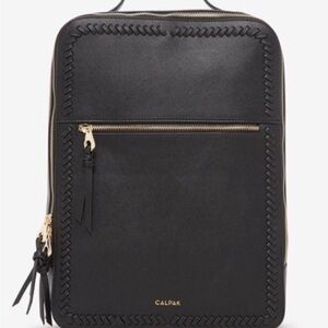 Calpak Black Kaya leather Backpack with Gold Hardware and Whipstitch Detail